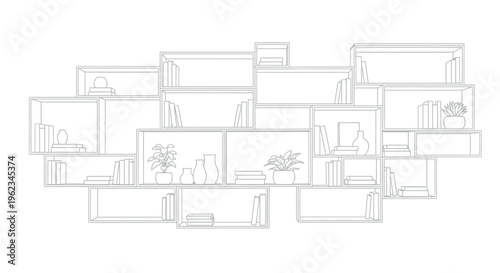 A clean and modern outline illustration featuring a stylish modular wall shelving unit filled with various items like books, potted plants, and decorative vases, perfect for interior design concepts.