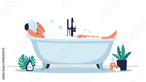 Woman relaxing in a bathtub filled with bubbles, enjoying a peaceful moment, symbolizing self-care, relaxation, and wellness.