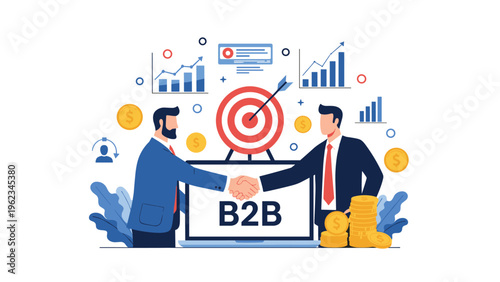 Two businessmen shaking hands in front of a laptop displaying "B2B" and growth charts, representing a successful business-to-business deal.
