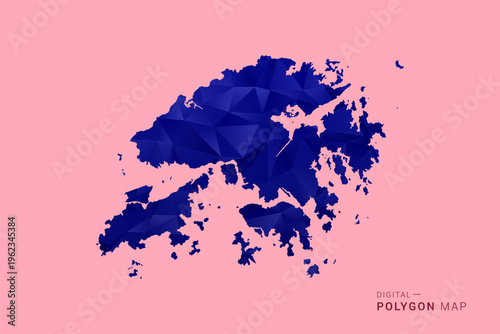 Hong Kong Map - Low poly polygon map in deep blue gradient on soft pink pastel background, modern minimal geometric design, clean digital vector illustration.