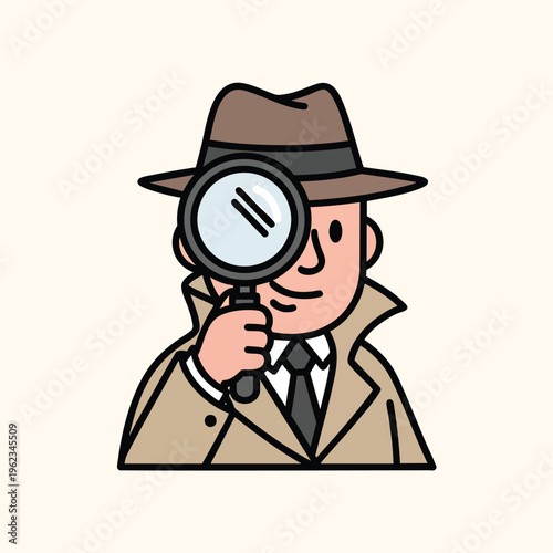 A cartoon detective with a trench coat and fedora, using a magnifying glass. The man looks for clues