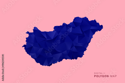 Hungary Map - Low poly polygon map in deep blue gradient on soft pink pastel background, modern minimal geometric design, clean digital vector illustration.