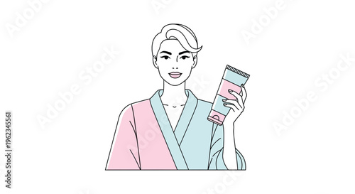 Woman holding smartphone in pink and blue kimono for fashion and technology advertising in minimalist line art style with pastel colors