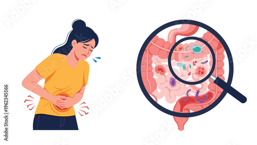 Woman with abdominal pain and a magnified view of intestines showing bacteria, representing gut health issues or digestive problems.