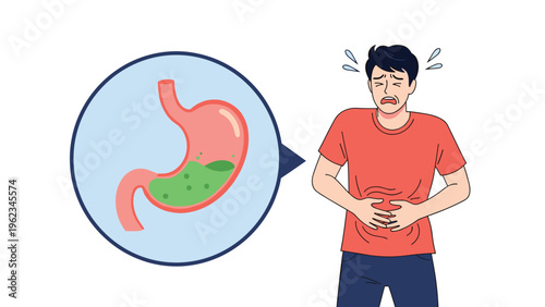 Man clutching his stomach in pain with an insert showing a stomach with green liquid, depicting indigestion, heartburn, or gastric issues.