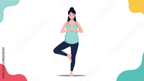 Pregnant woman performing a yoga tree pose, symbolizing prenatal yoga, healthy pregnancy, and maternal well-being.