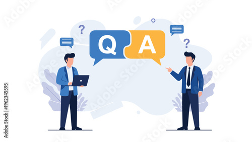 Two businessmen discussing with Q&A speech bubbles, symbolizing question and answer sessions, consulting, or problem-solving.