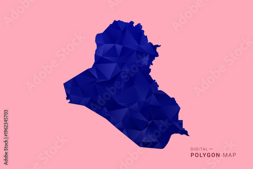 Iraq Map - Low poly polygon map in deep blue gradient on soft pink pastel background, modern minimal geometric design, clean digital vector illustration.