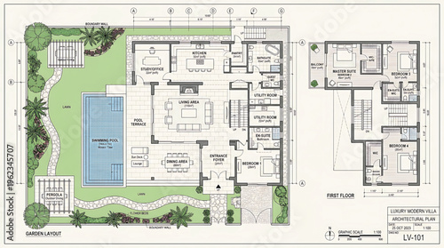 Architectural blueprint of modern building complex with pool and landscaping, detailed CAD design and floor plan