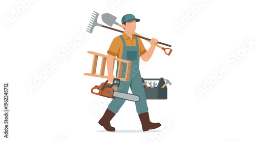 Worker or handyman carrying essential gardening and construction tools