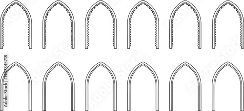 Gothic Arch Vector Set Featuring Pointed Medieval Architecture Frames and Ornate Cathedral Window Borders for Elegant Invitations Religious Designs and Historical Illustrations Isolated on White