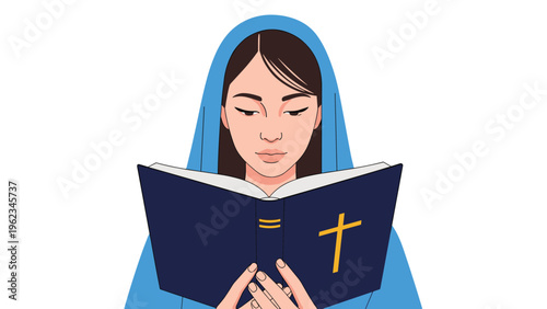 Woman with a head covering respectfully reading a bible with a cross on the cover, symbolizing faith, prayer, and religious study.
