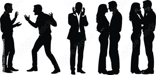 Vector illustration of police officer silhouettes using phones and radios in varied communication poses, ideal for law enforcement, security, and design projects.