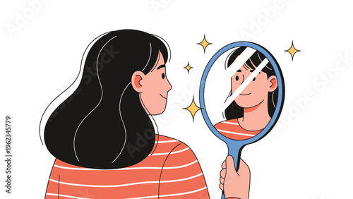 Happy woman looking at her reflection in a hand mirror, with sparkling stars, symbolizing self-love, self-acceptance, and positive body image.