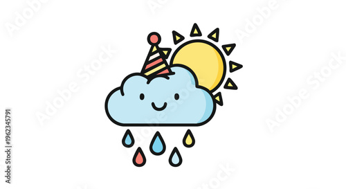 A cartoon-style illustration features a cheerful cloud wearing a party hat, raining colorful drops.  The smiling sun shines brightly behind the happy cloud
