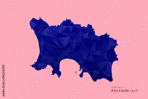 Jersey Map - Low poly polygon map in deep blue gradient on soft pink pastel background, modern minimal geometric design, clean digital vector illustration.