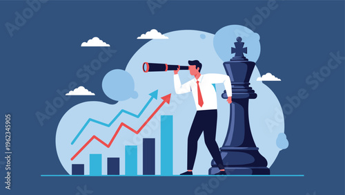 Businessman looking through a telescope next to a large chess piece and growth charts, symbolizing business strategy and future vision.