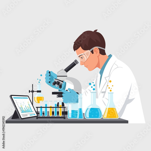 Scientist using microscope in laboratory with test tubes and tablet, scientific research