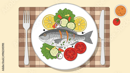 Plate with a grilled fish, lemon slices, cucumber, lettuce, and tomatoes, served with cutlery, representing healthy eating and Mediterranean diet.