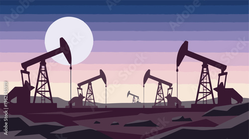 Industrial oil field with pumpjacks silhouetted under a moonlit gradient sky