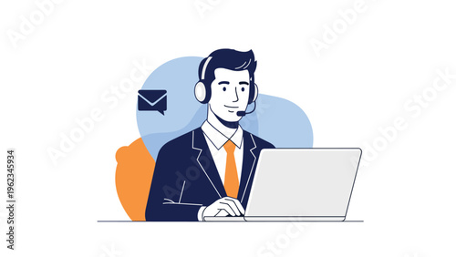 Smiling male customer support operator with a headset, working on a laptop, with a message icon, representing online assistance.
