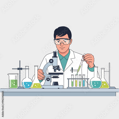 Scientist working in laboratory with microscope and test tubes, conducting research