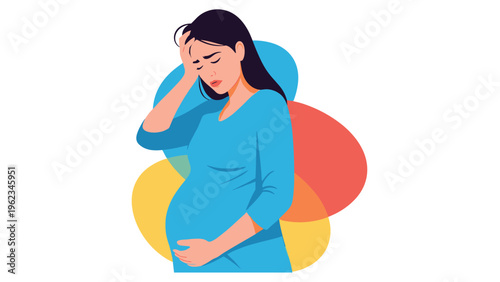 Pregnant woman holding her belly and suffering from a headache, depicting pregnancy complications, discomfort, or health issues during gestation.