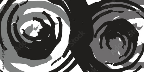 Grunge style black and white abstract background with circular brush strokes and halftone dot texture. clean vector design