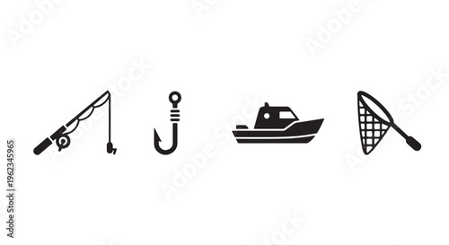 Fishing Icon Set with Fishing Rod, Fish Hook, Boat, and Net in One Row, Solid Black Minimal Icons