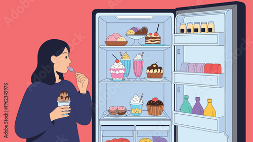 Woman eating ice cream in front of an open refrigerator full of sweets and desserts, symbolizing emotional eating or unhealthy food choices.