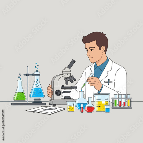Scientist working with microscope and beakers in laboratory, research and development