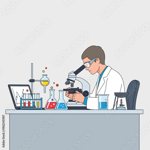 Scientist working in laboratory with microscope, test tubes, and laptop