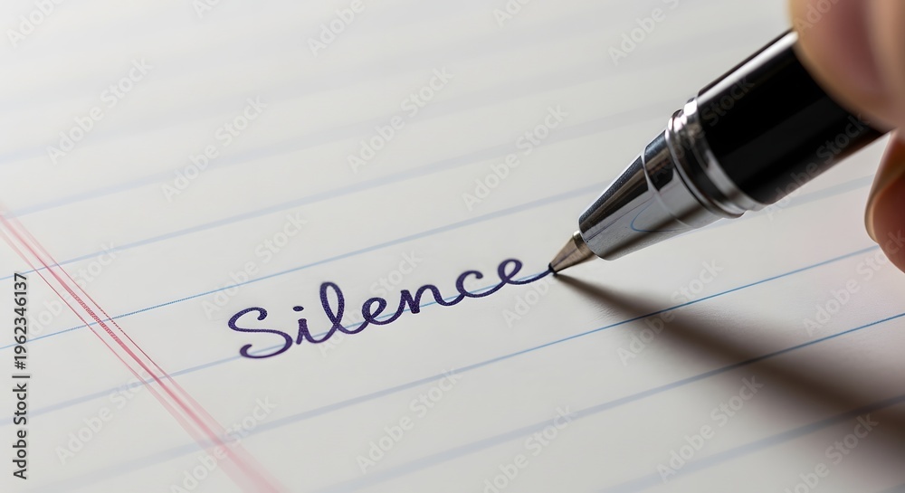 Fototapeta premium A hand writes Silence on lined paper with a pen closeup