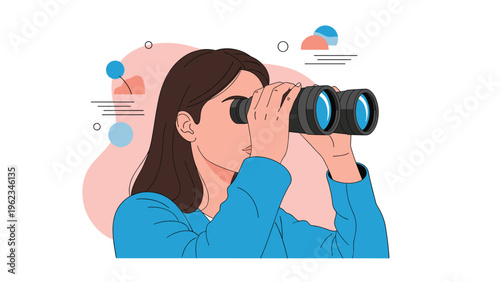 Woman looking through binoculars, with abstract shapes in the background, symbolizing exploration, future vision, or searching for opportunities.