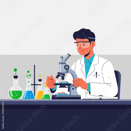 Scientist working with microscope in laboratory, colorful liquids in beakers