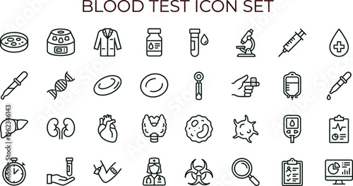 Blood test outline icon set with hematology diagnostics laboratory analysis symbols for healthcare apps dashboards interfaces presentations education materials
