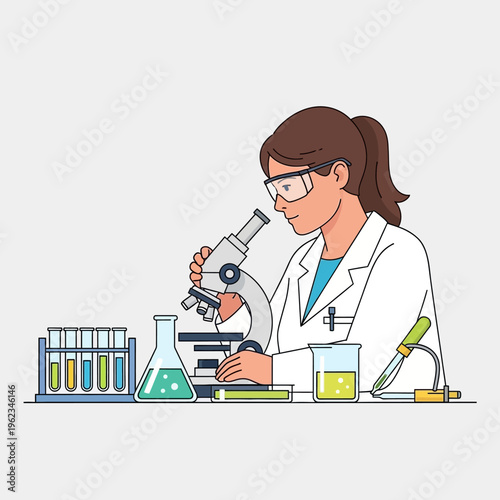 Scientist working with microscope in laboratory, conducting research with test tubes and beakers