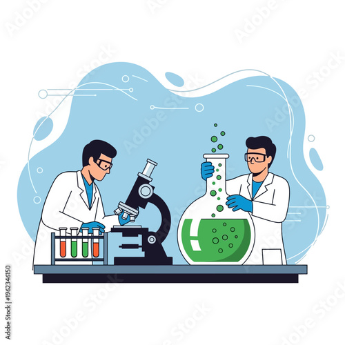 Scientists in lab coats examining microscope and bubbling green liquid in flask