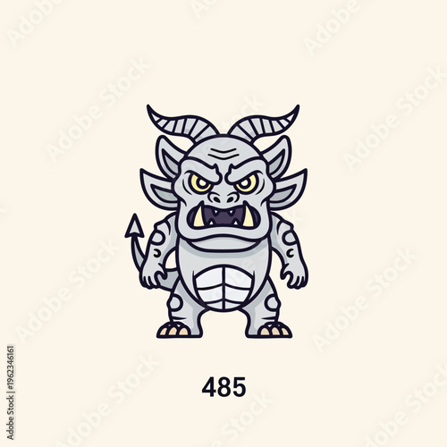 A cartoon monster with horns, tail, and fangs, set against a neutral background. Number "485" appears below