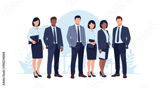 Diverse group of six professional business people in suits standing together, symbolizing teamwork, corporate staff, or diverse workforce.