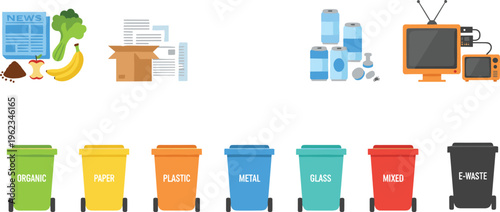 Waste Sorting Vector Set with Color Coded Recycling Bins for Organic Paper Plastic Metal Glass Mixed and E-waste Materials for Environmental Protection and Sustainability Education Graphics