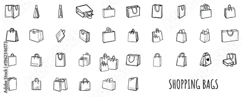 Comprehensive hand-drawn shopping bag and retail doodle icon set. Black and white vector collection of paper bags, gift bags, reusable totes, carts, sale tags, and store items for commerce.