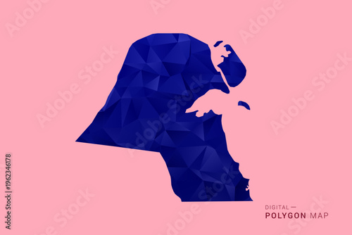 Kuwait Map - Low poly polygon map in deep blue gradient on soft pink pastel background, modern minimal geometric design, clean digital vector illustration.