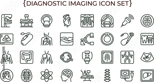 Diagnostic imaging outline icon set with medical scan radiology equipment symbols for healthcare apps dashboards interfaces presentations education materials