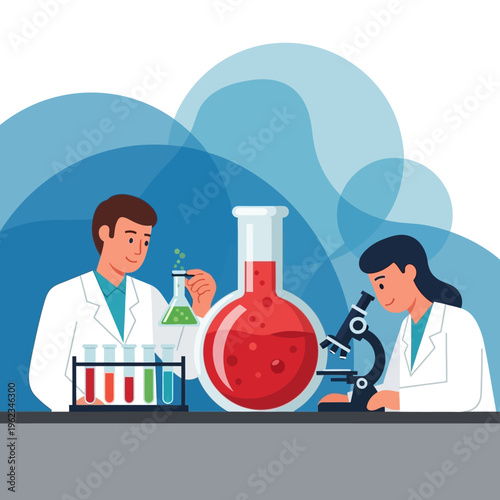 Scientists working in a laboratory with beakers, test tubes, and microscope