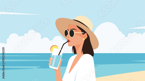 Woman in a hat and sunglasses drinking a beverage on a beach, with the ocean in the background, symbolizing vacation and relaxation.