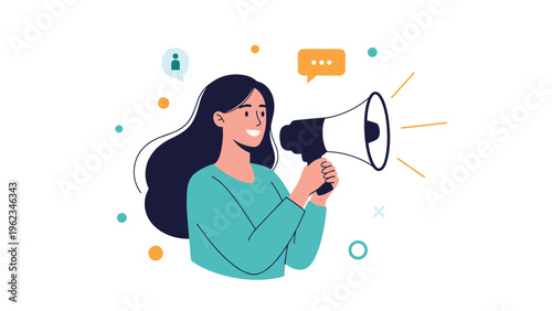 Smiling woman holding a megaphone and speaking, with speech bubbles, symbolizing communication, announcement, marketing, or public speaking.