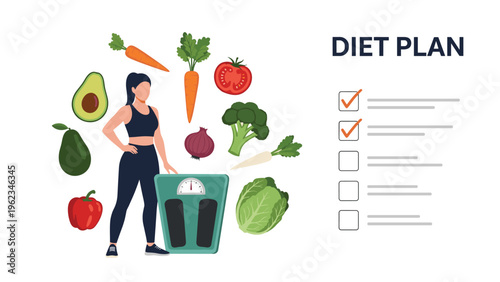 Woman in sportswear standing on a weighing scale surrounded by healthy vegetables and fruits, next to a "DIET PLAN" checklist.