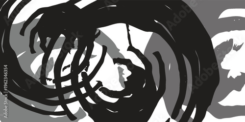 Grunge style black and white abstract background with circular brush strokes and halftone dot texture.