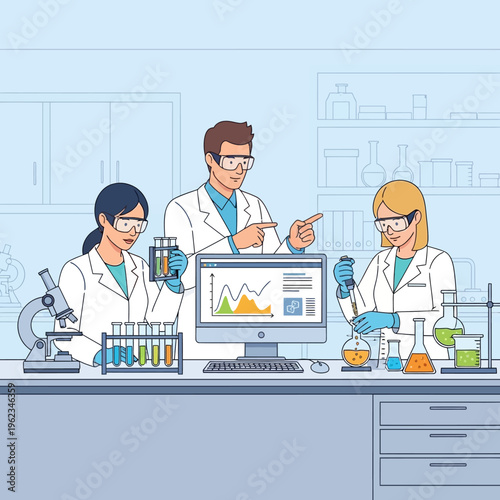 Scientists working in a modern laboratory with advanced equipment and data analysis on computer screen